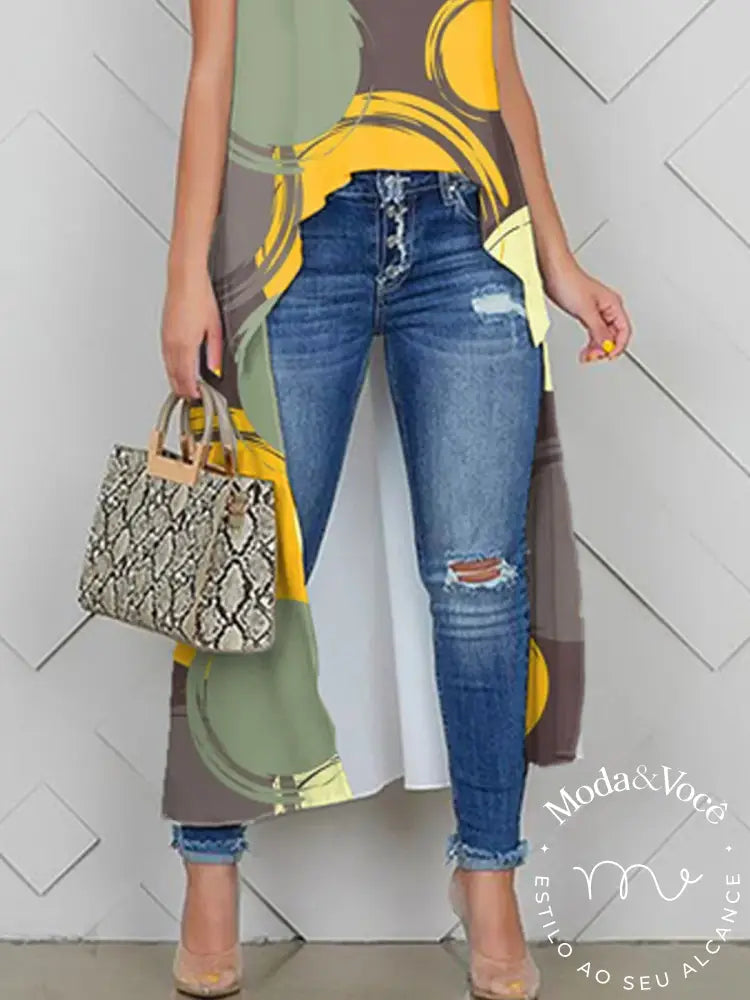 Camisa Casual Solta Com Estampa De Bolinhas Abstratas