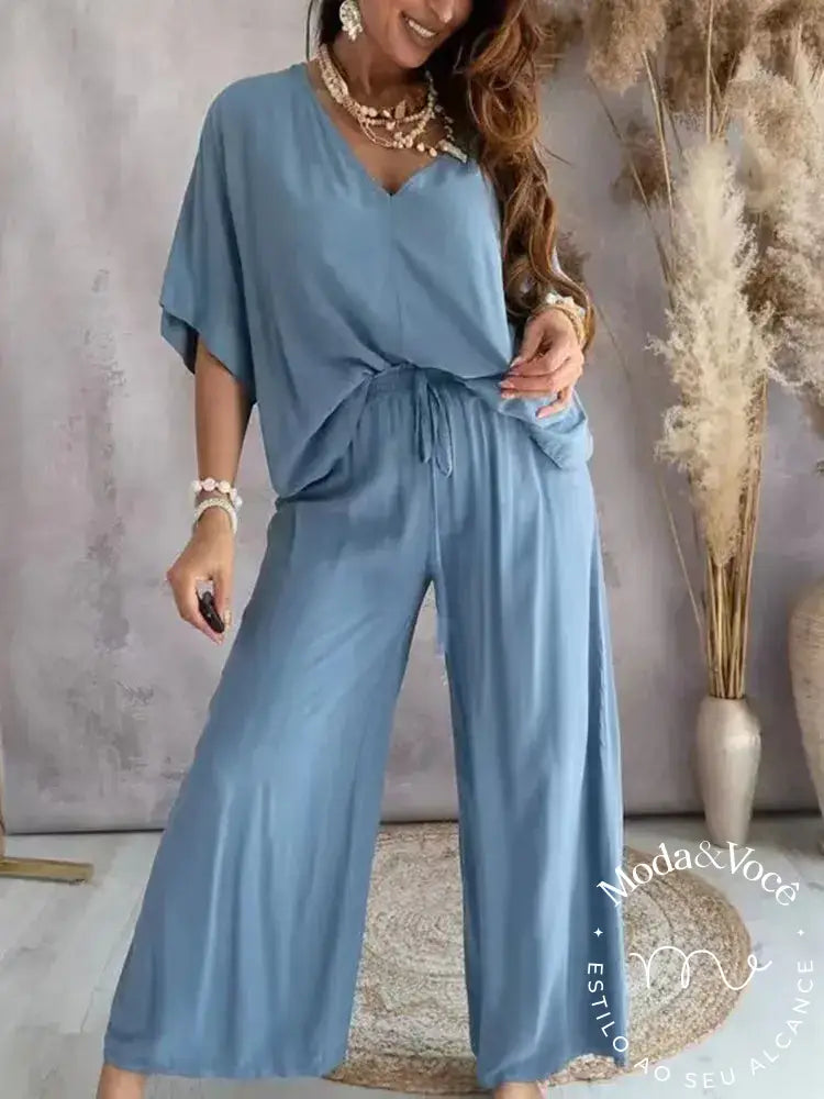 2023 Long Pant Sets Summer Two Piece Set For Women V Neck Bat Sleeve Casual Loose Wide-Leg Pants 2