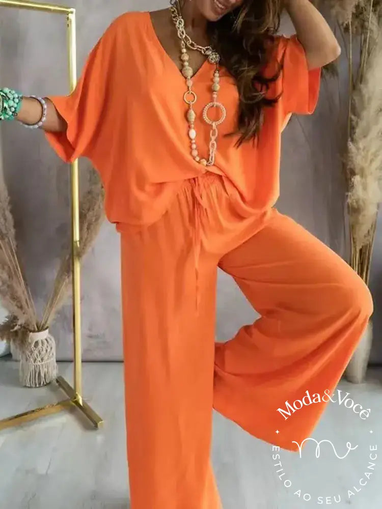 2023 Long Pant Sets Summer Two Piece Set For Women V Neck Bat Sleeve Casual Loose Wide-Leg Pants 2