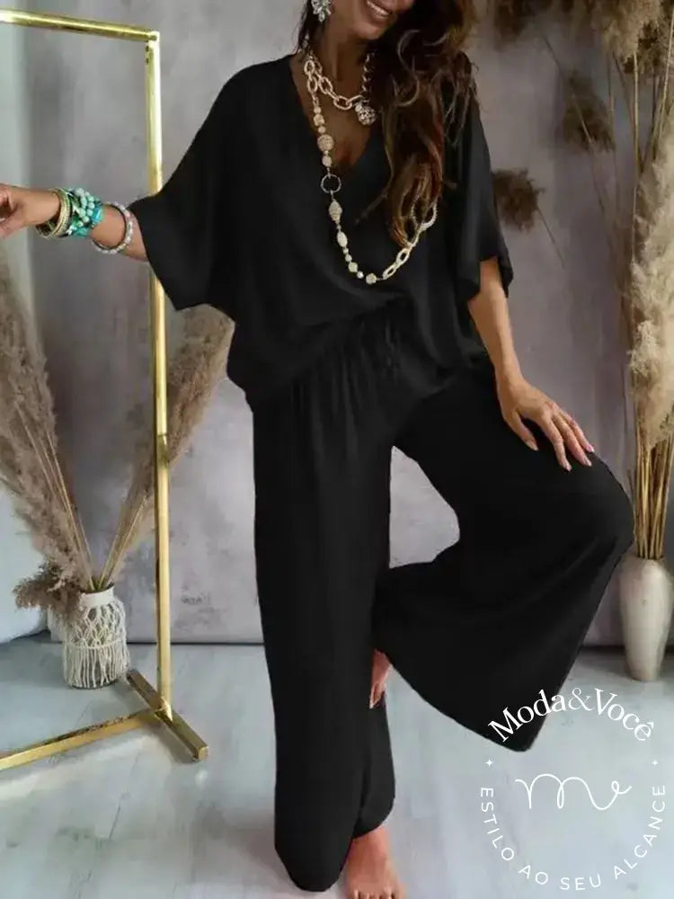 2023 Long Pant Sets Summer Two Piece Set For Women V Neck Bat Sleeve Casual Loose Wide-Leg Pants 2