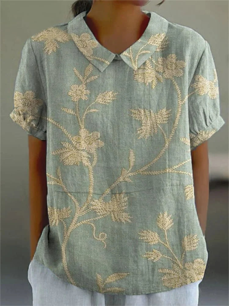 Camisa De Linho Algodão Casual Com Estampa Floral Retrô Feminina Comstylish