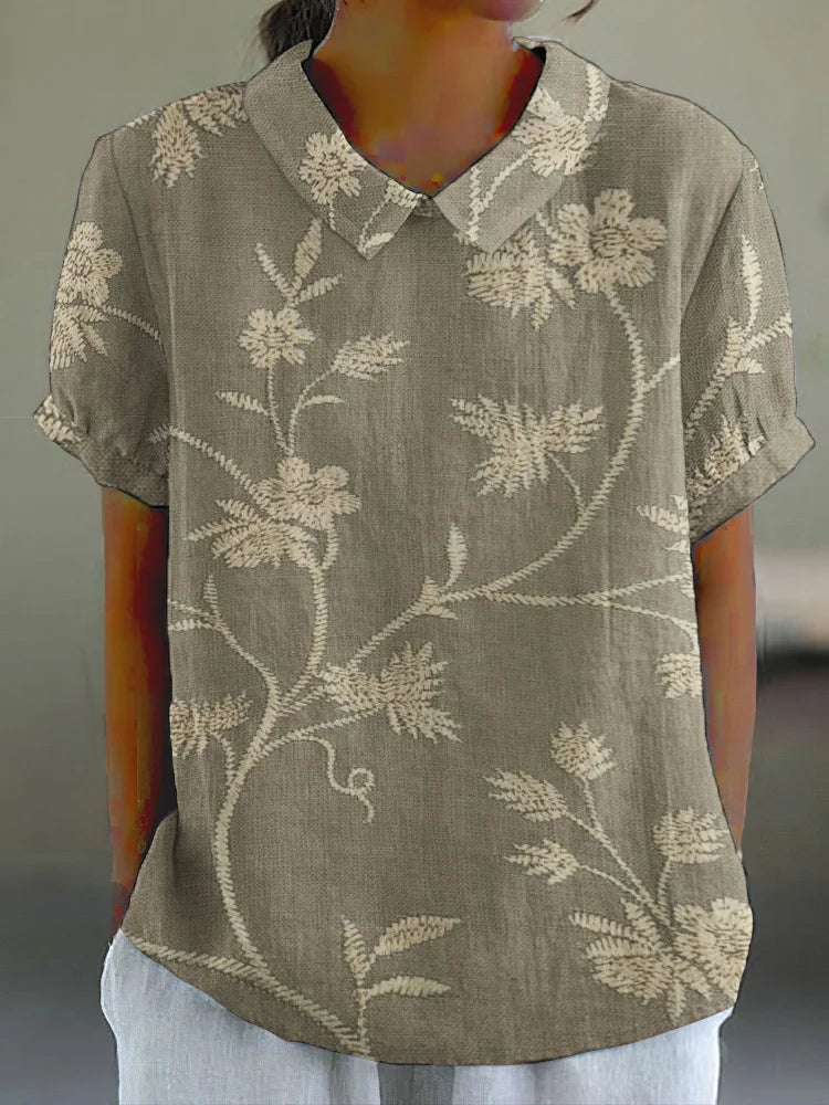 Camisa De Linho Algodão Casual Com Estampa Floral Retrô Feminina Comstylish Cáqui / P