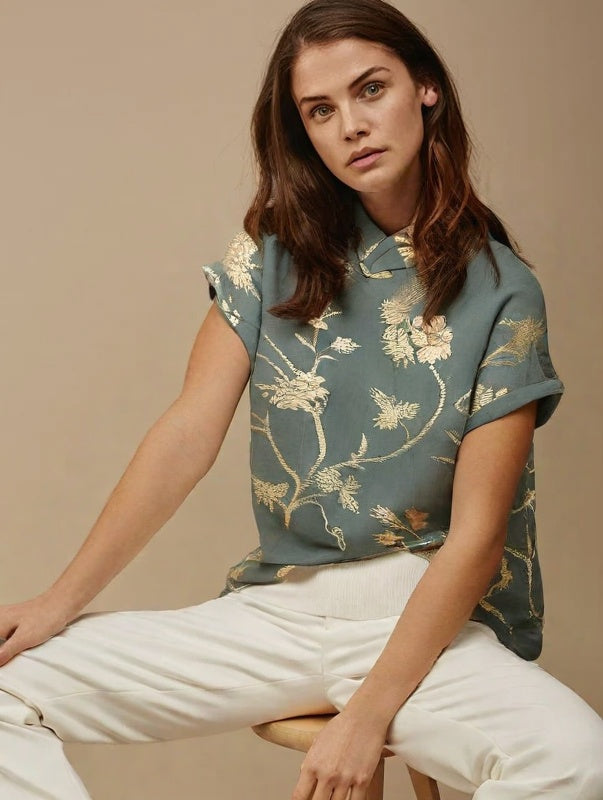 Camisa De Linho Com Bordado Floral Vintage Magda