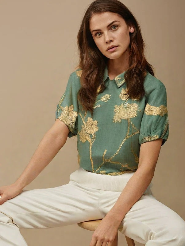 Camisa De Linho Com Bordado Floral Vintage Magda