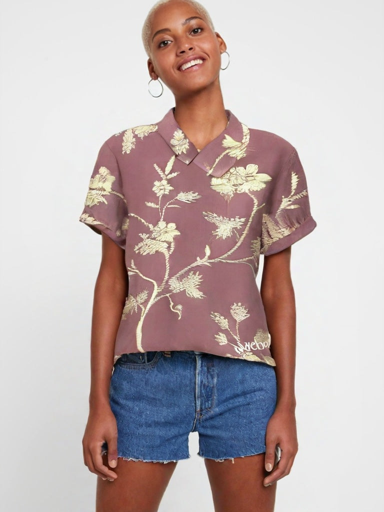 Camisa De Linho Com Bordado Floral Vintage Magda Cáqui / P