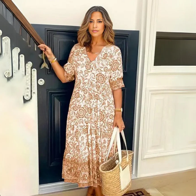 Vestido Floral Lavínia Bege / P