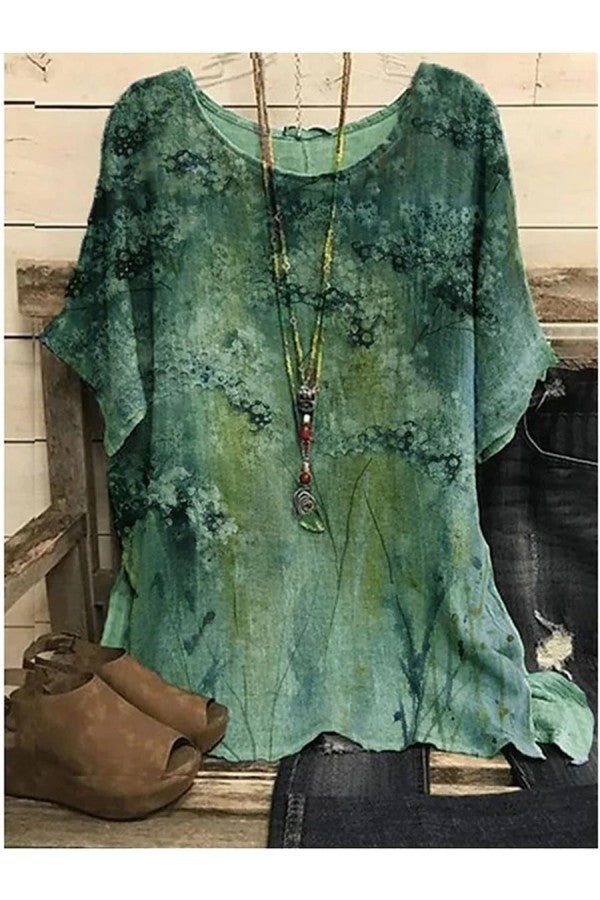 Blusa Casual Verde Com Decote Redondo E Estampa Floral De Manga Curta G