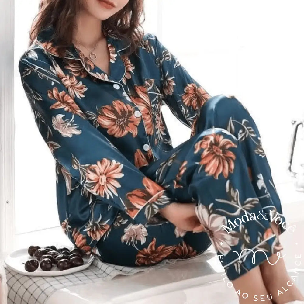 Pijama De Luxo - Toque Seda Verde Floral / P Feminino