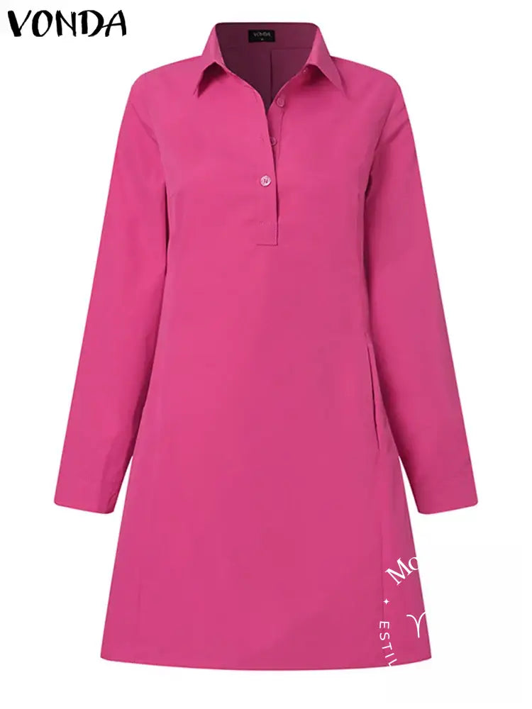 Vonda Summer Mini Dress Women 2024 Sexy Long Sleeve Shirt Sundress Casual Loose Solid Buttons