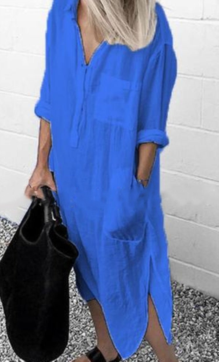 Vestido De Linho Manga Longa Azul / P 18