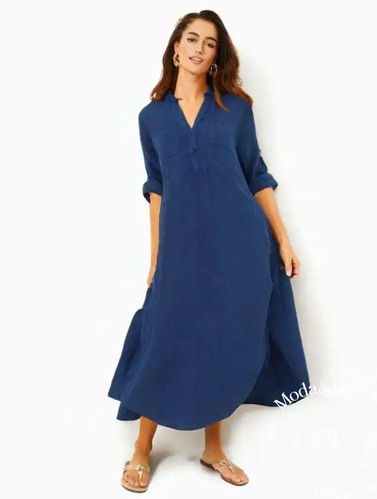 Vestido De Linho Village Azul Marinho / M 18