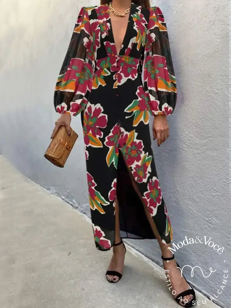 Vestido Elegante Com Decote Em V Para Convidados De Casamento
