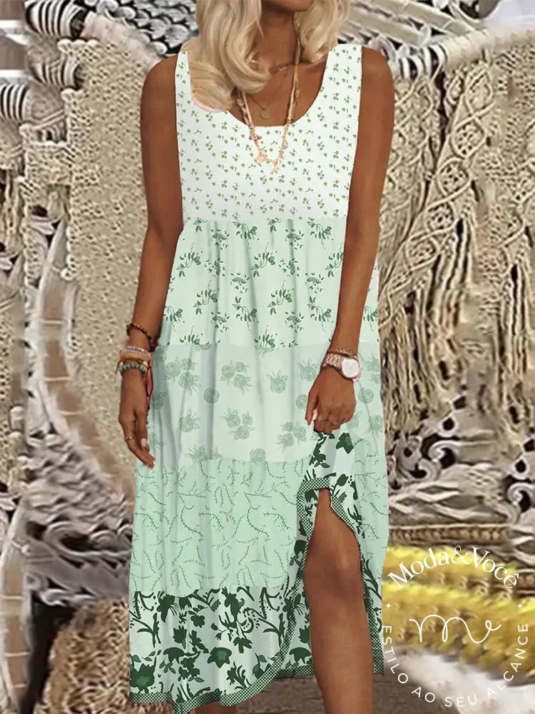 Plus Size Casual Women Summer Midi Dress 5Xl 2023 Large Floral Print Sleeveless Crewneck A Line Boho