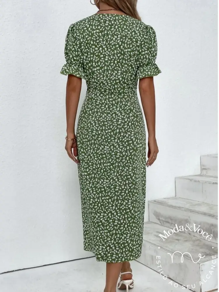 Vestido De Verão Floral Senhora Elegante Vestidos Midi Com Decote Em V Para Férias