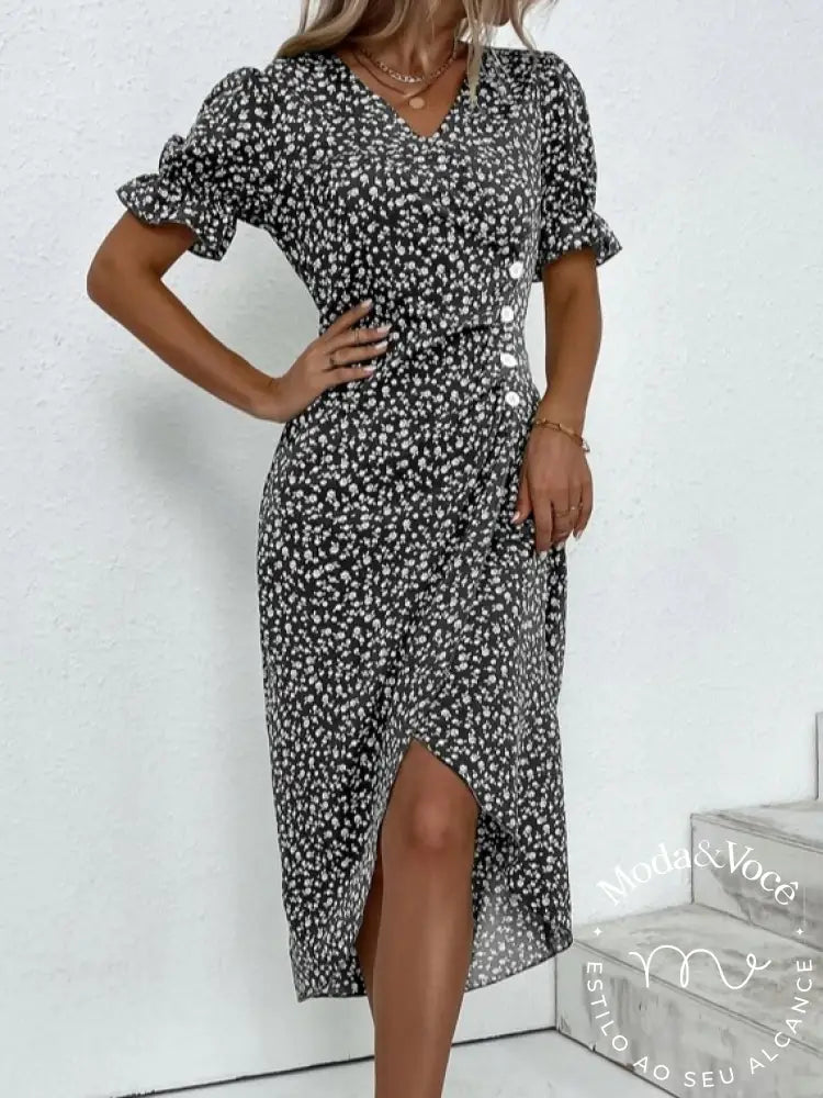 Vestido De Verão Floral Senhora Elegante Vestidos Midi Com Decote Em V Para Férias
