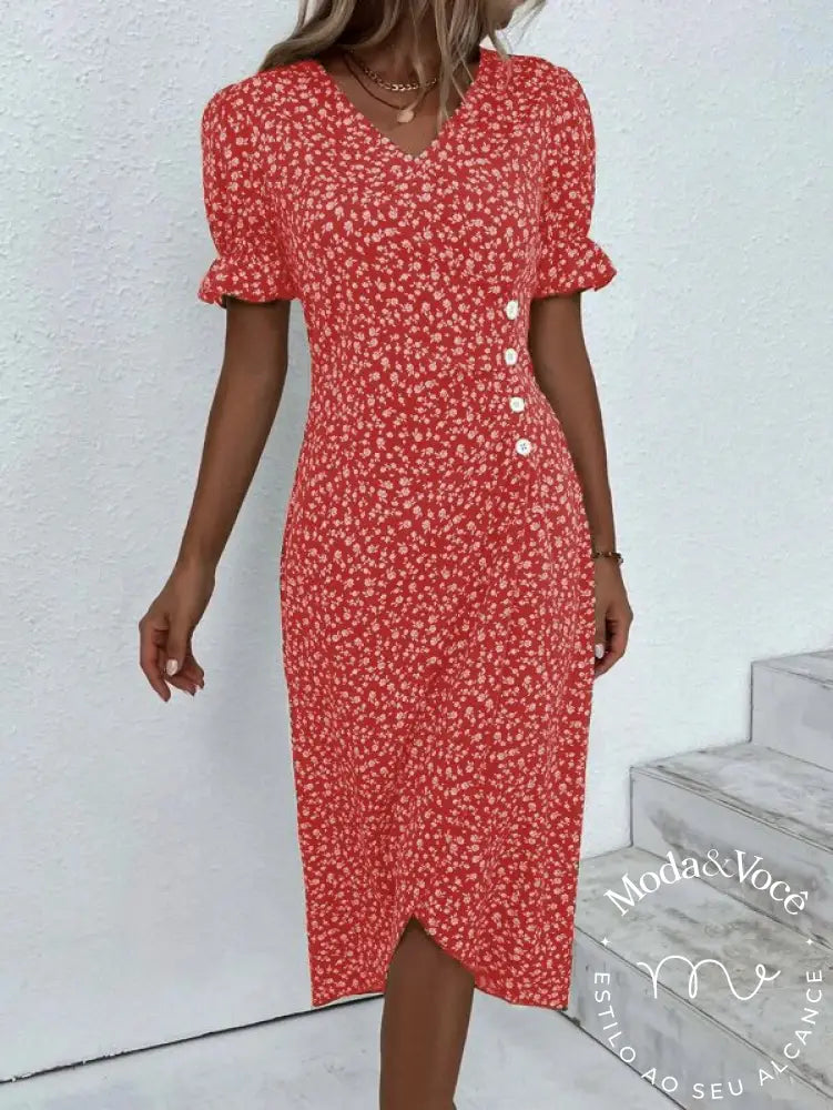 Vestido De Verão Floral Senhora Elegante Vestidos Midi Com Decote Em V Para Férias