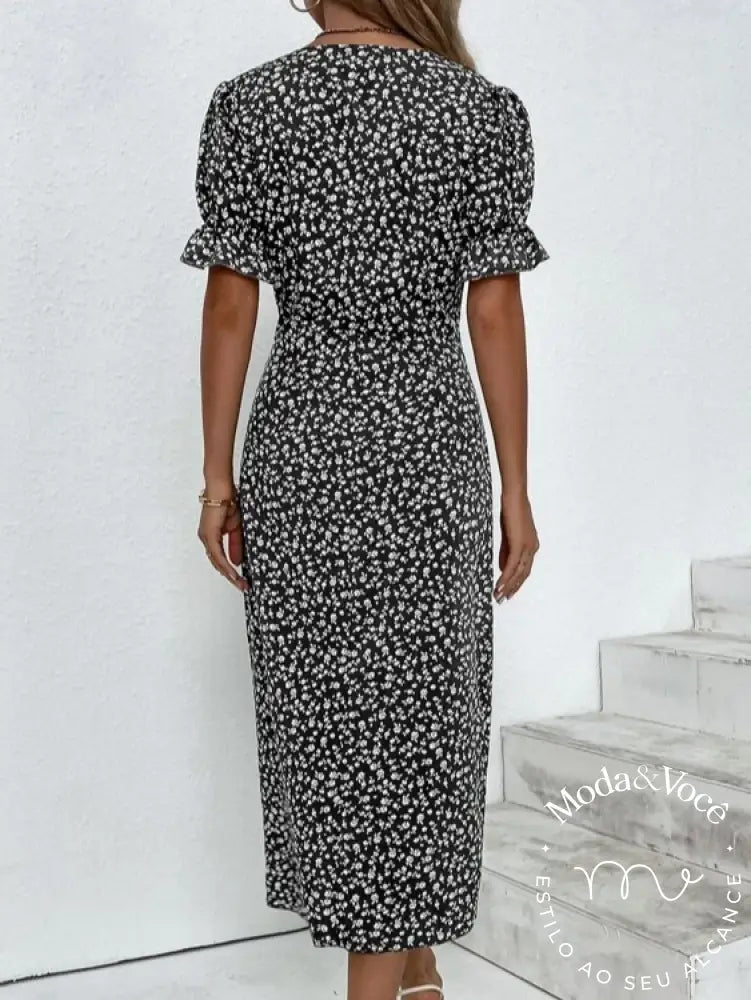 Vestido De Verão Floral Senhora Elegante Vestidos Midi Com Decote Em V Para Férias