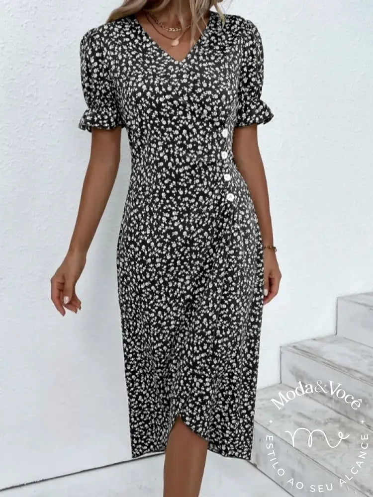 Vestido De Verão Floral Senhora Elegante Vestidos Midi Com Decote Em V Para Férias