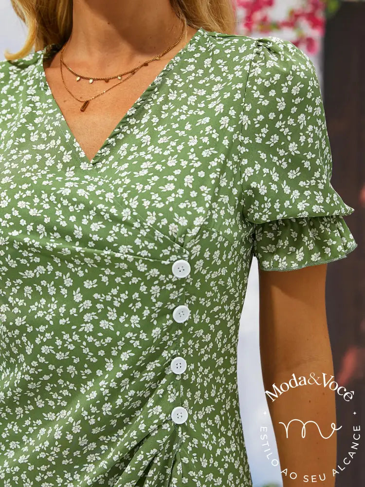 Vestido De Verão Floral Senhora Elegante Vestidos Midi Com Decote Em V Para Férias