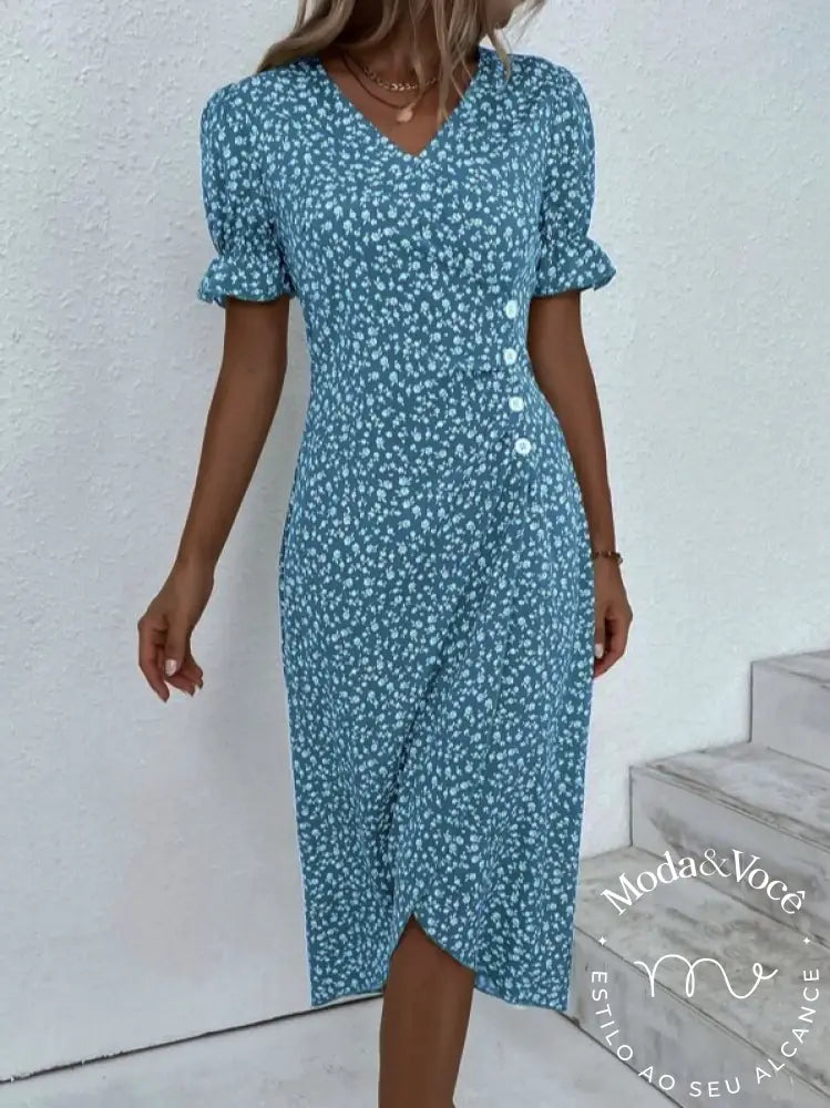 Vestido De Verão Floral Senhora Elegante Vestidos Midi Com Decote Em V Para Férias