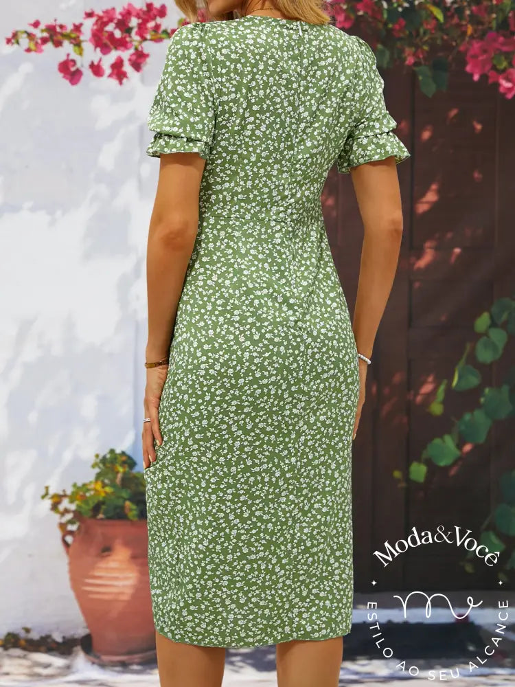 Vestido De Verão Floral Senhora Elegante Vestidos Midi Com Decote Em V Para Férias
