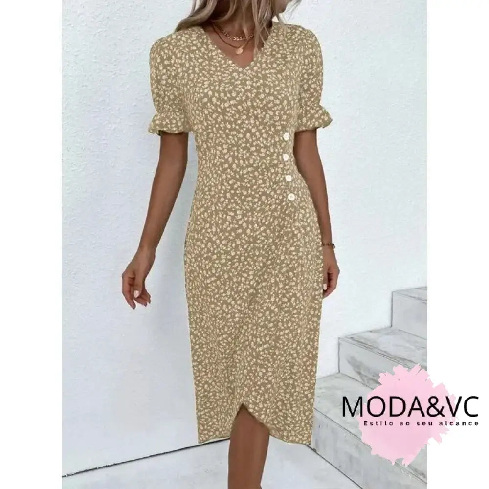 Elegant Floral Pleated H Shaped Midi Dress Female V Neck Puff Sleeve Waist Ruched Button Dresses