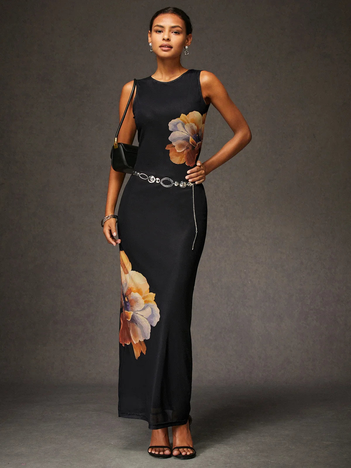 Vestido Longo Floral Básico De Alta Elasticidade