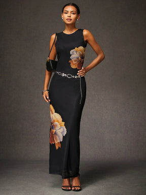 Vestido Longo Floral Básico De Alta Elasticidade