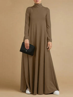 Vestido Maxi Casual Solto 4 Cores Com Gola Alta E Mangas Compridas Marrom / P