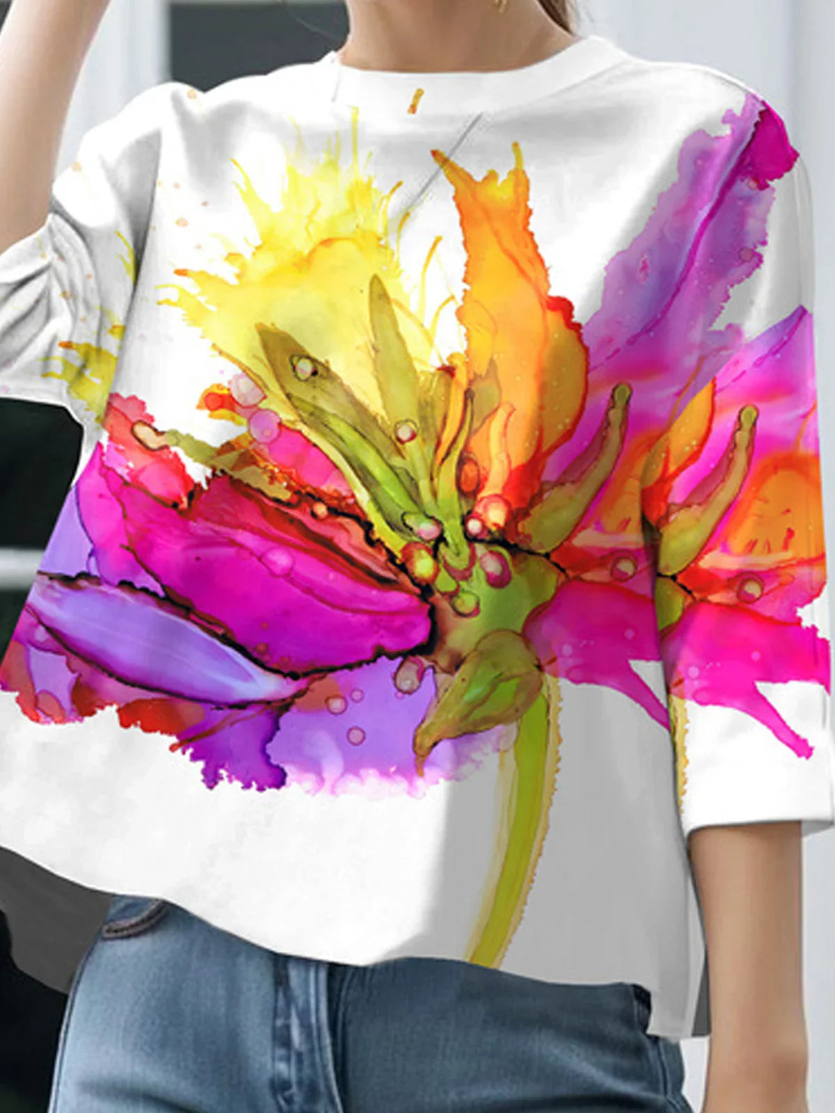 Camisa Casual De Gola Redonda Em Jersey