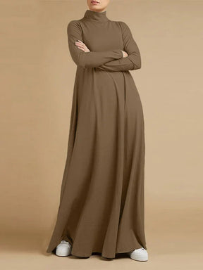 Vestido Maxi Casual Solto 4 Cores Com Gola Alta E Mangas Compridas