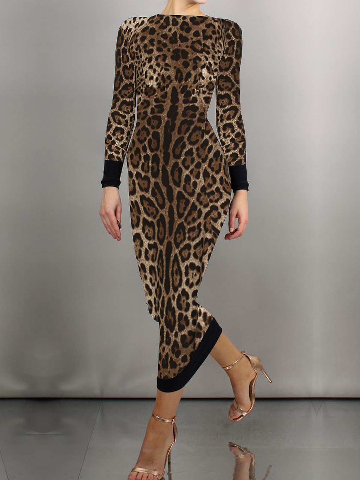 Vestido Longo Justo Com Estampa De Leopardo Decote Canoa Elegante E Alta Elasticidade