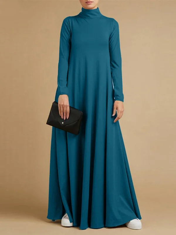 Vestido Maxi Casual Solto 4 Cores Com Gola Alta E Mangas Compridas Azul / P