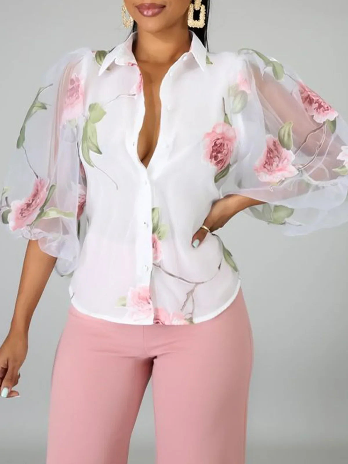 Blusa De Gola Floral P / Branca