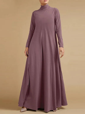 Vestido Maxi Casual Solto 4 Cores Com Gola Alta E Mangas Compridas