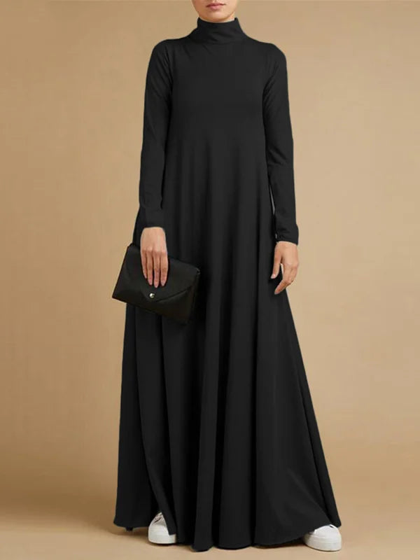 Vestido Maxi Casual Solto 4 Cores Com Gola Alta E Mangas Compridas Preto / P