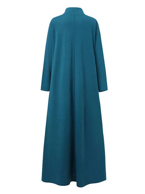 Vestido Maxi Casual Solto 4 Cores Com Gola Alta E Mangas Compridas
