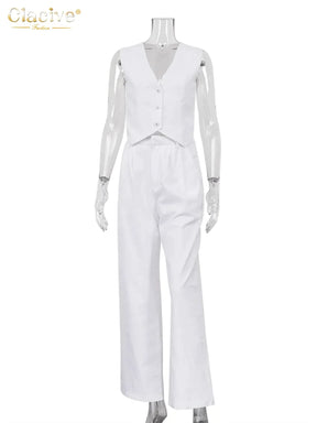 Clacive Summer White Linen Two Piece Set For Women 2023 Fashion Sleeveless Tank Top New In Matching