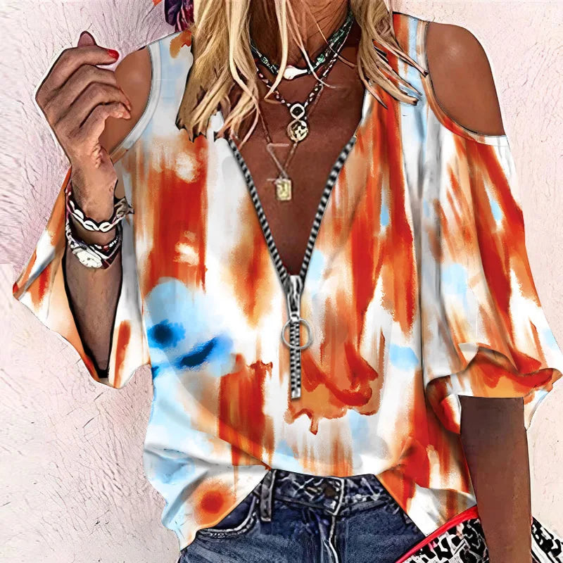 New Elegant Off Shoulder Shirt Blouse Women Casual Letter Print V Neck Zipper Tops Patchwork Loose