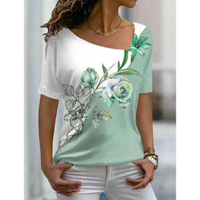 2023 Women’s Floral Theme Printed Painting Tee Shirts V Neck Casual Female Daily Pullover New T