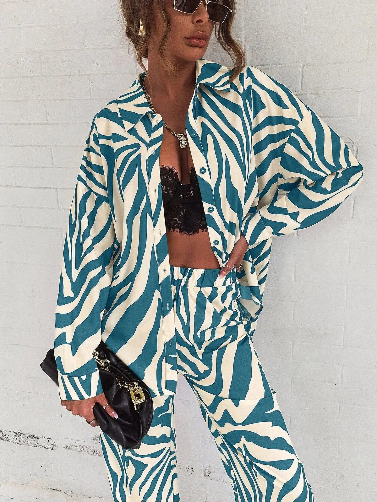 2022 Cross Border Hot Edition Street Trendy Print Trouser Set Long Sleeve Full Screen Off Shoulder