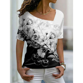 2023 Women’s Floral Theme Printed Painting Tee Shirts V Neck Casual Female Daily Pullover New T