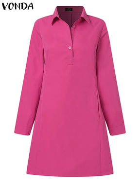 Vonda Summer Mini Dress Women 2024 Sexy Long Sleeve Shirt Sundress Casual Loose Solid Buttons