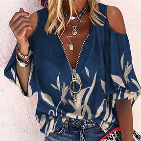 New Elegant Off Shoulder Shirt Blouse Women Casual Letter Print V Neck Zipper Tops Patchwork Loose