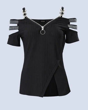Fashion Y2K Women’s Top 2023 Summer Casual Rhinestone Decoration Zipper Details Split Bottom Cold