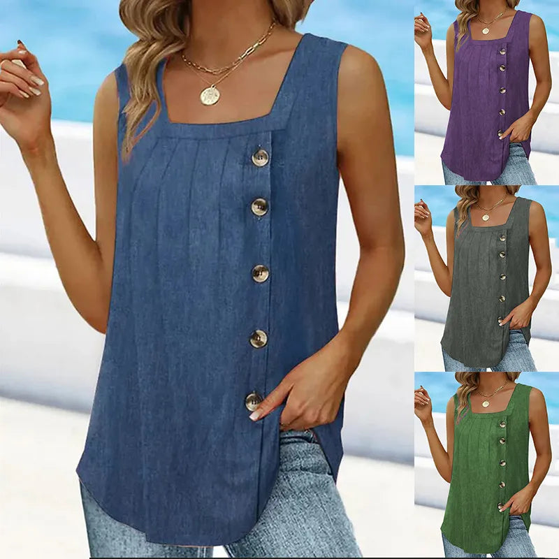 Summer New Women’s Pleated Square Neck Sleeveless Swallowtail Button Tank Top For Women
