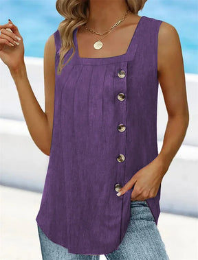 Summer New Women’s Pleated Square Neck Sleeveless Swallowtail Button Tank Top For Women