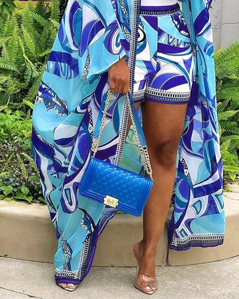 Abstract Print Batwing Sleeve Cardigan & Shorts Set Women Matching Sets Two Piece Top Suit Beach