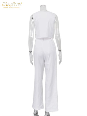 Clacive Summer White Linen Two Piece Set For Women 2023 Fashion Sleeveless Tank Top New In Matching