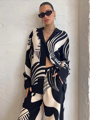 Women Digital Printed Two-Piece Set Chic Lapel Long Sleeved Top Loose Straight Leg Pants Suit 2023